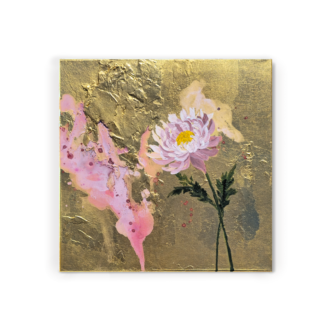 Beautiful chrysanthemum flowers on a brilliant gold foil canvas