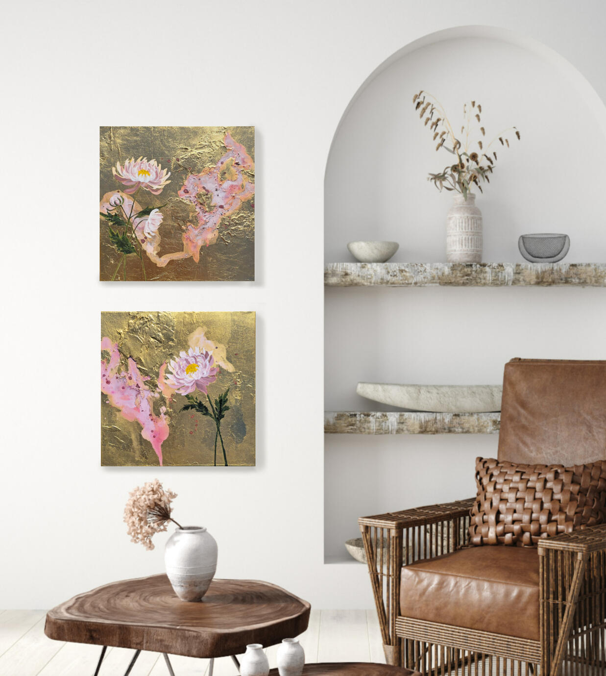 This piece captures ginkgo leaves floating in a soft wind. The elegant simplicity of the leaves—the warm gold, delicate silver, and cool white—against the brilliance of the sun. The falling leaves, with their seem to drift effortlessly, giving the impressi